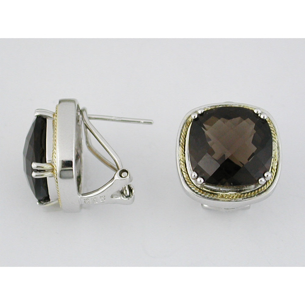 Two-Tone Silver and Gold Omega Back Cushion Cut Smoky Quartz Stud Earrings - 13.50 Carat Total Gem Weight - Royal Jewelry