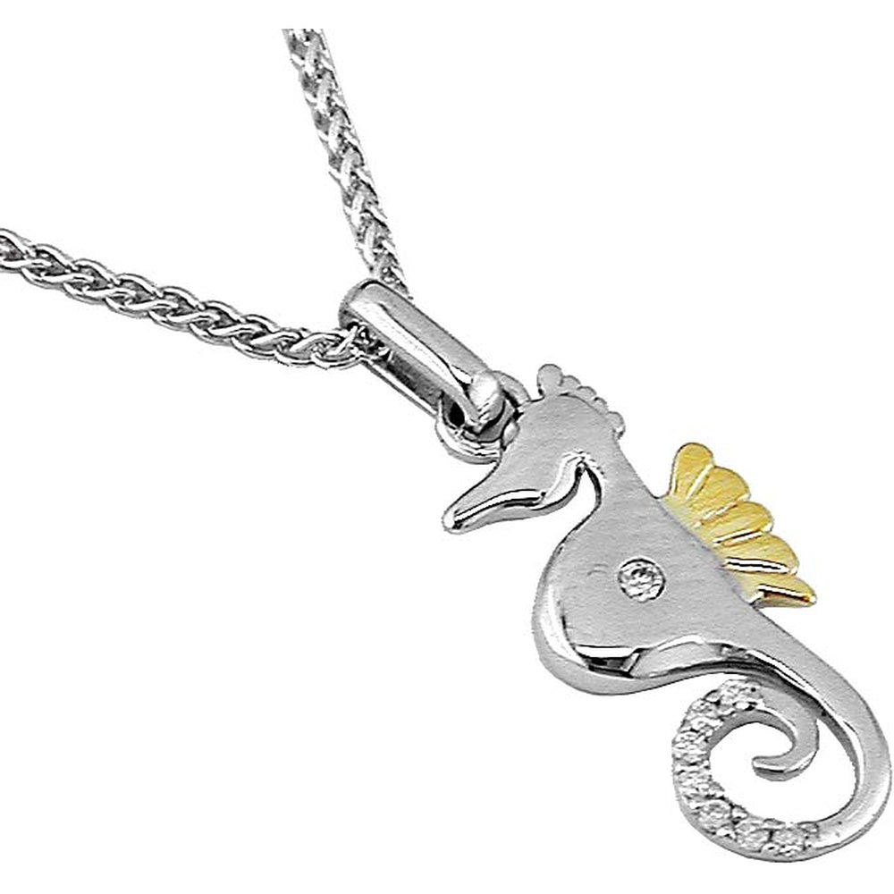 Two-Tone Silver and Yellow Gold Seahorse Pendant with Flush-Set Round Diamond Accent - 0.06 Carat Total Diamond Weight - Royal Jewelry