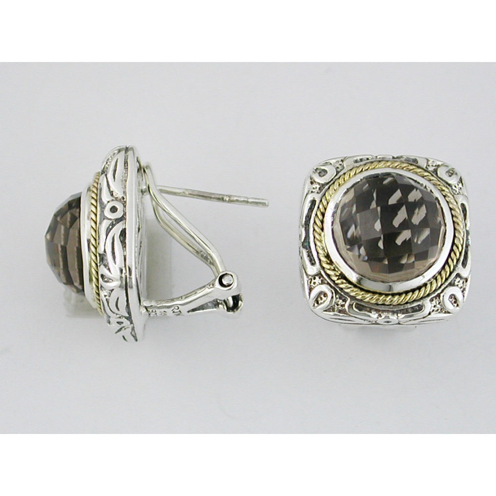 Two-Tone Sterling Silver and Gold Vintage Style Stud Earrings with Bezel Set Round Smoky Quartz - 8.40 Carat Total Gemstone Weight - Royal Jewelry