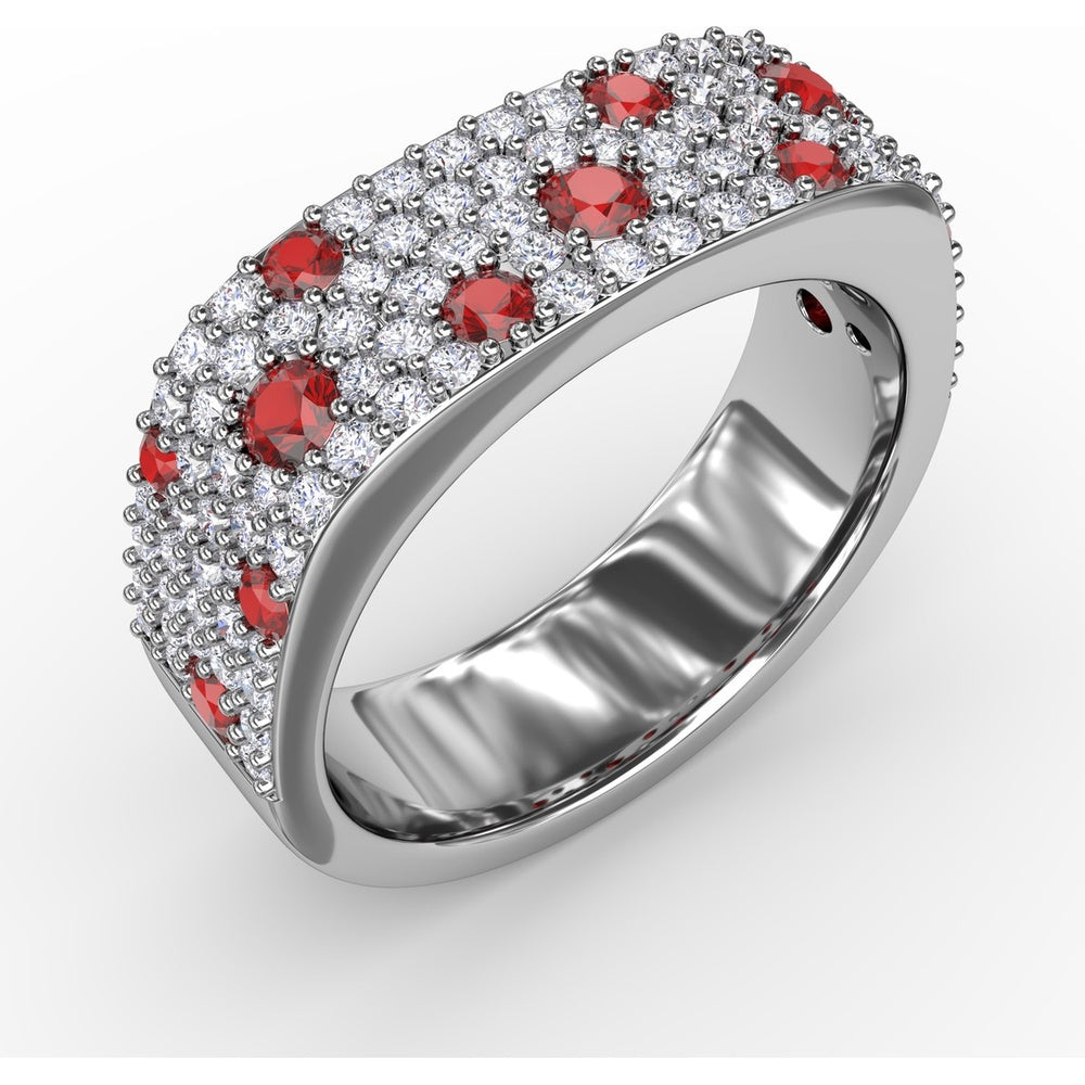 "Under the Stars" Wide Band with Pavé Diamonds and Scattered Round Rubies by Fana - 1.38 Carat Total Gemstone Weight