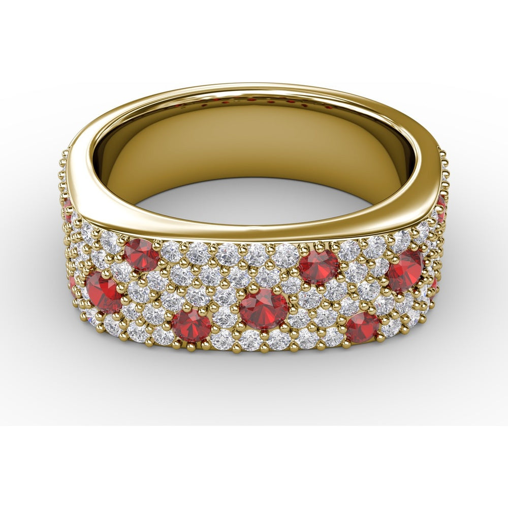 "Under the Stars" Wide Band with Pavé Diamonds and Scattered Round Rubies by Fana - 1.38 Carat Total Gemstone Weight