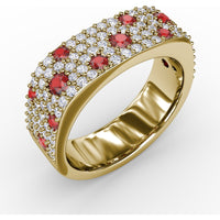 "Under the Stars" Wide Band with Pavé Diamonds and Scattered Round Rubies by Fana - 1.38 Carat Total Gemstone Weight