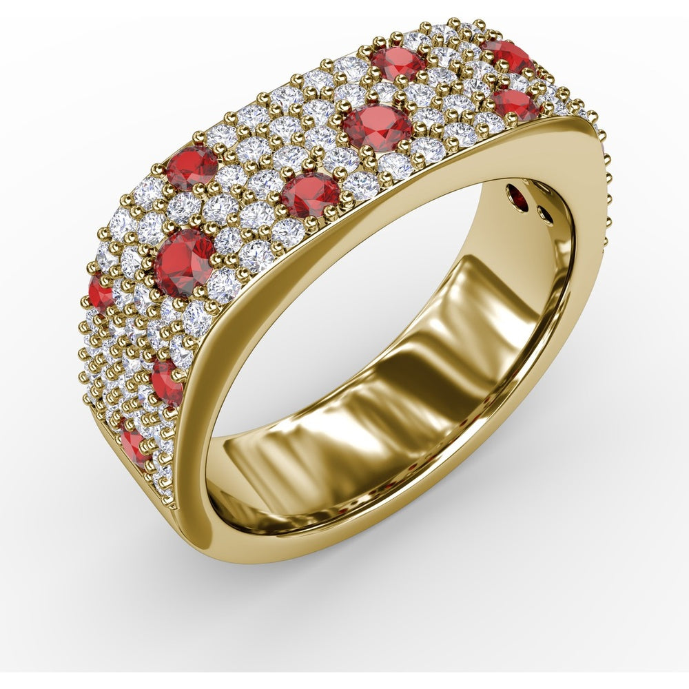 "Under the Stars" Wide Band with Pavé Diamonds and Scattered Round Rubies by Fana - 1.38 Carat Total Gemstone Weight
