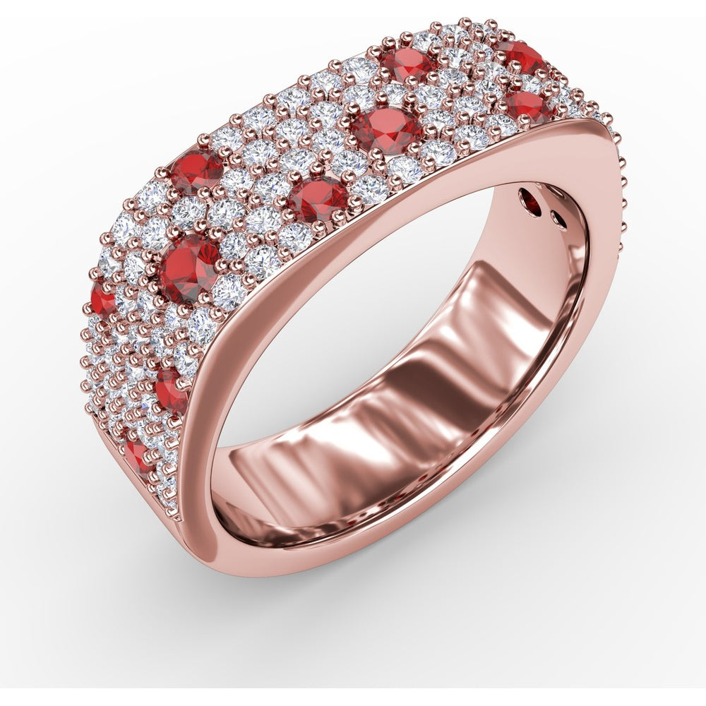 "Under the Stars" Wide Band with Pavé Diamonds and Scattered Round Rubies by Fana - 1.38 Carat Total Gemstone Weight