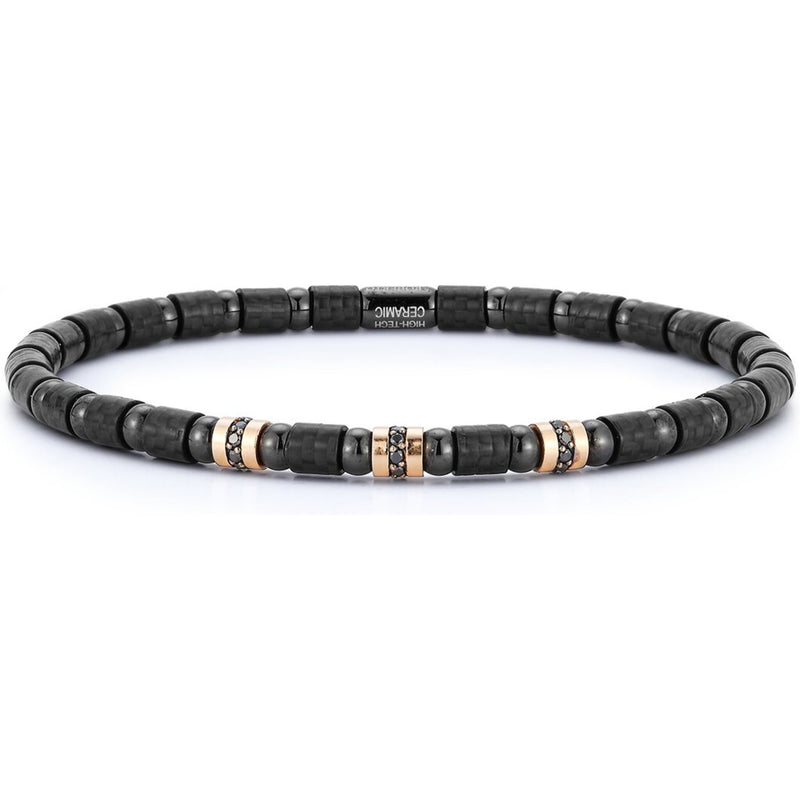 Uomo - Mens Carbon Black Bracelet With 3 Sections Of Black Diamonds in 18K Rose Gold