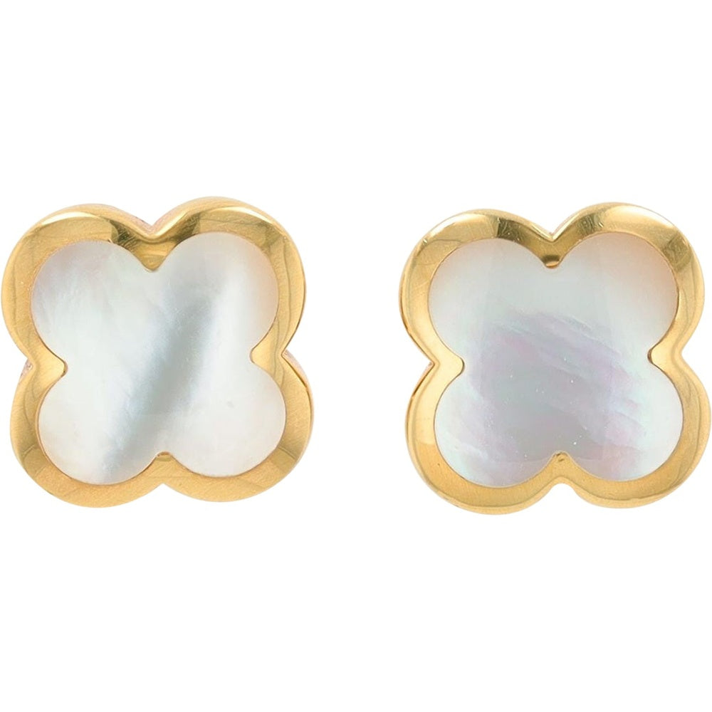 Van Cleef & Aprels 18K White Gold Mother Of Pearl Stud Earrings with Bezel Setting - 2.00 Carat Total Gem Weight