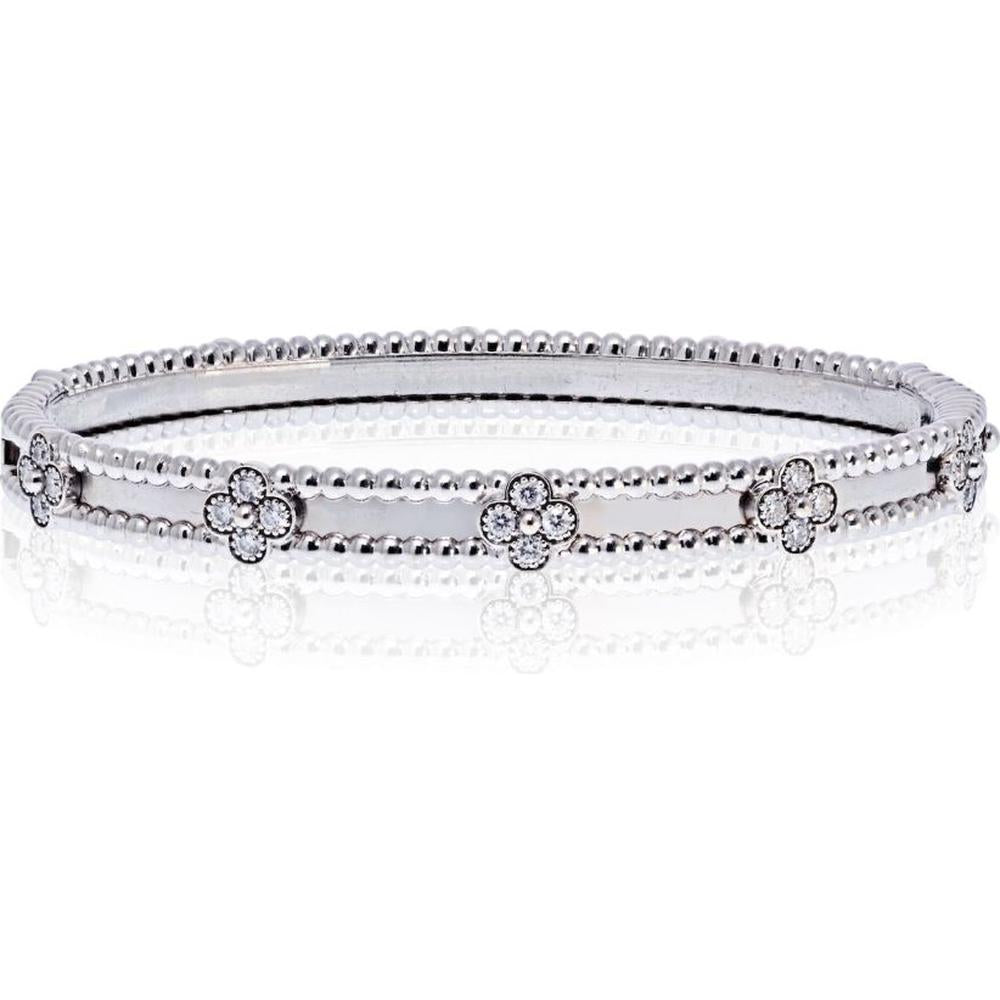 Van Cleef & Arpels 18K White Gold Perlée Clover Bracelet with Round Diamonds - Size S