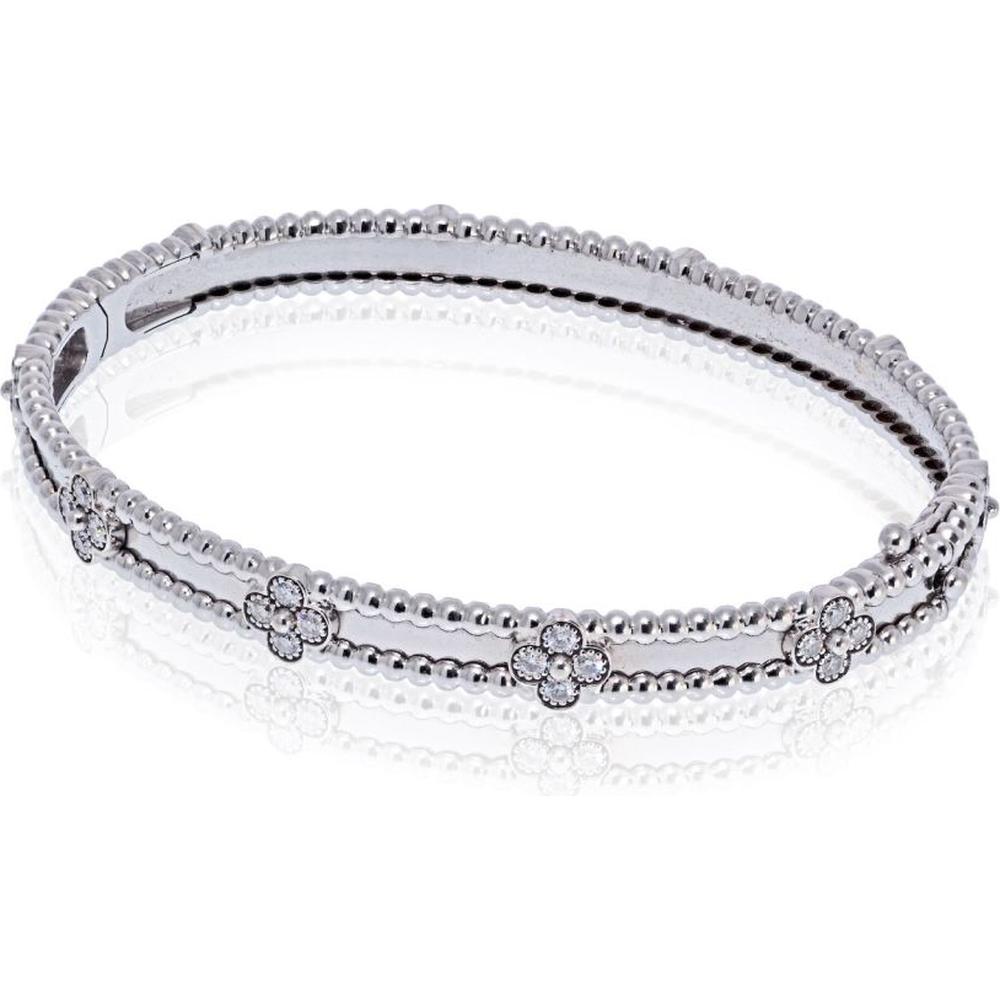 Van Cleef & Arpels 18K White Gold Perlée Clover Bracelet with Round Diamonds - Size S