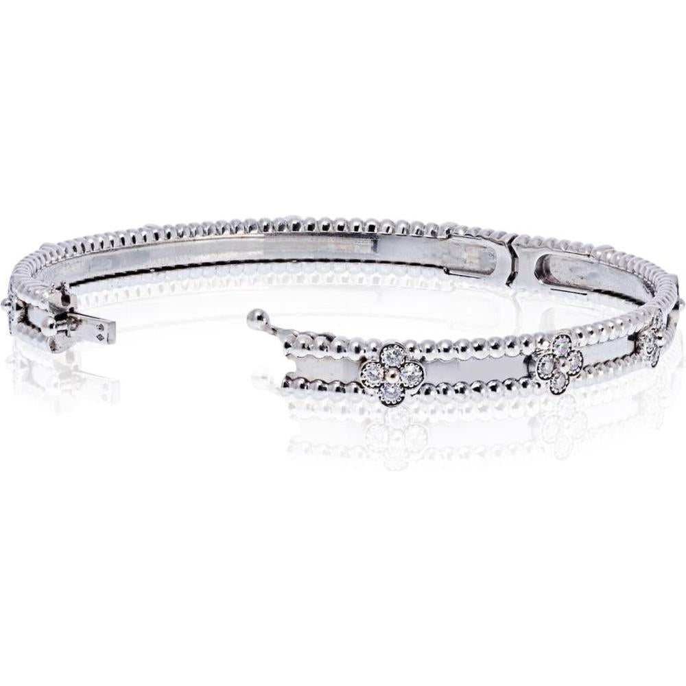 Van Cleef & Arpels 18K White Gold Perlée Clover Bracelet with Round Diamonds - Size S
