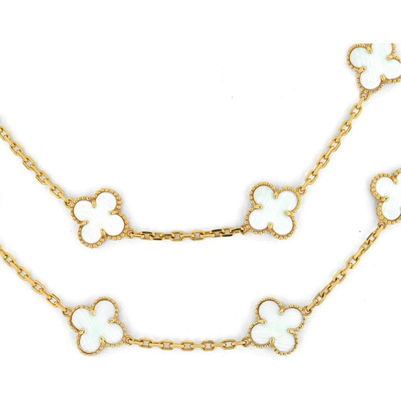 Van Cleef & Arpels 18K Yellow Gold Alhambra Clover Pendant Necklace with White Coral - Vintage Luxury Piece