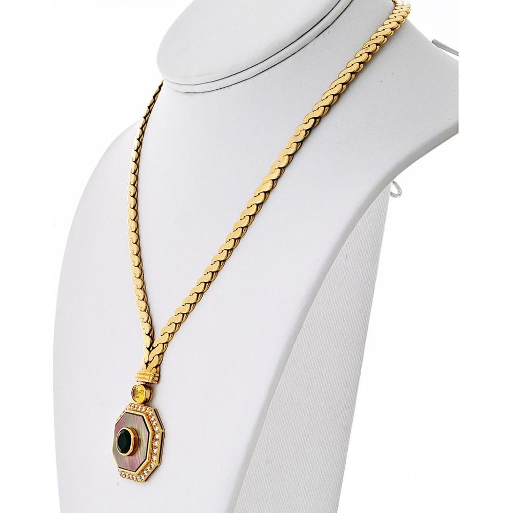 Van Cleef & Arpels 18K Yellow Gold Pendant Necklace with Emeralds, Yellow Sapphires, and Mother-of-Pearl - Vintage Masterpiece