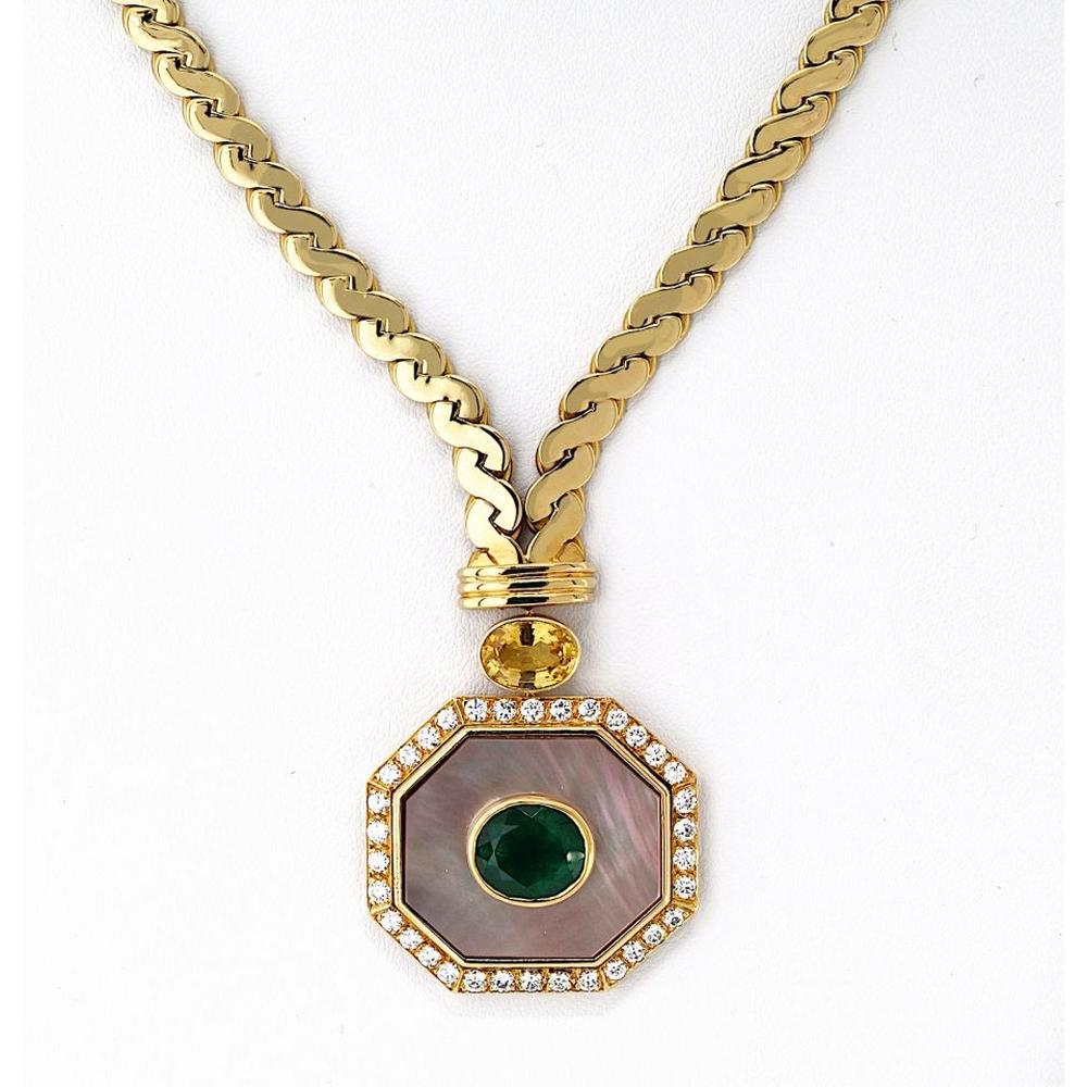 Van Cleef & Arpels 18K Yellow Gold Pendant Necklace with Emeralds, Yellow Sapphires, and Mother-of-Pearl - Vintage Masterpiece
