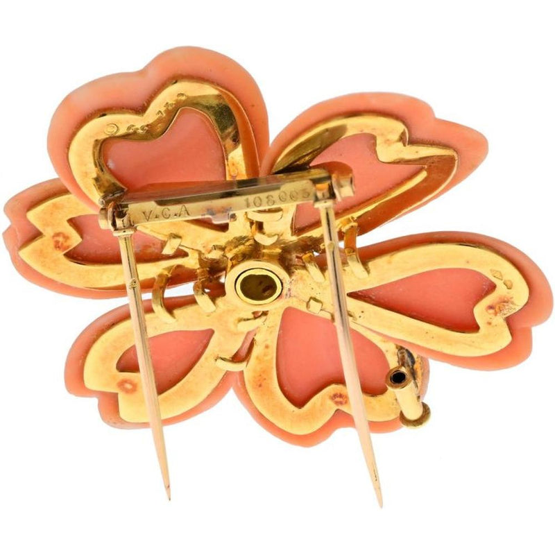 Van Cleef & Arpels 18K Yellow Gold Rose De Noel Coral and Diamond Flower Brooch - Exquisite Nature-inspired Jewelry