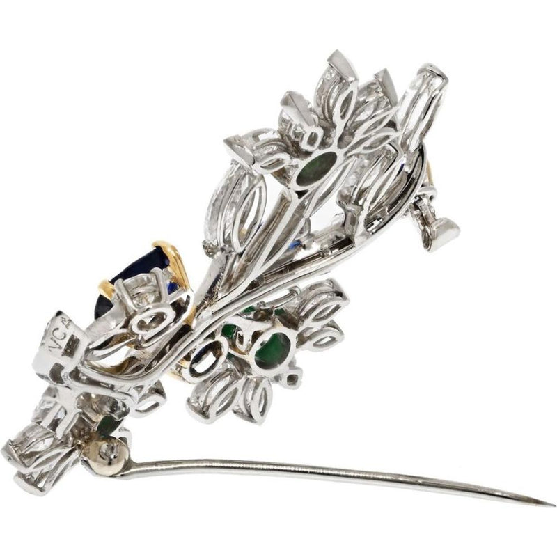 Van Cleef & Arpels Platinum Bouquet Diamond, Sapphire, and Emerald Brooch - Exquisite Floral Elegance