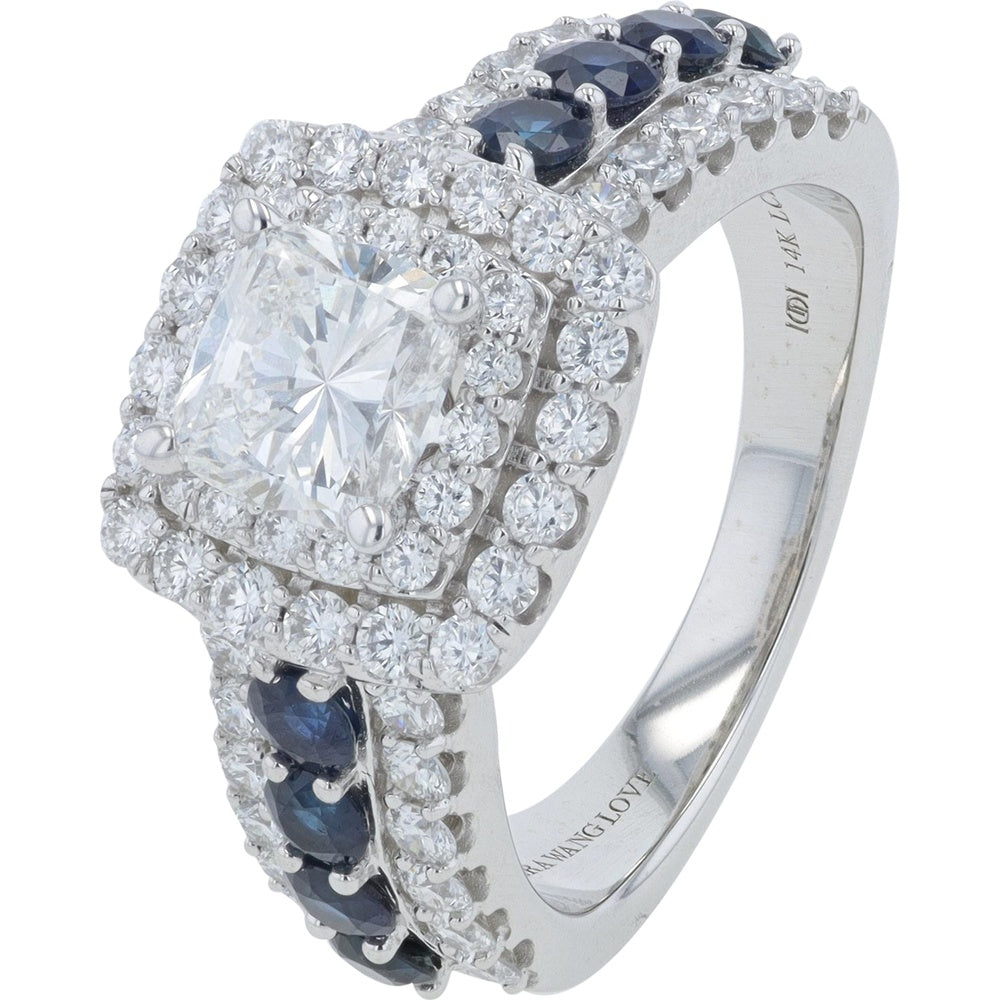 Vera Wang 14K White Gold Double Halo Engagement Ring with Cushion Cut Lab Grown Diamond and Sapphire Accents - 2.00 Carat Total Diamond Weight
