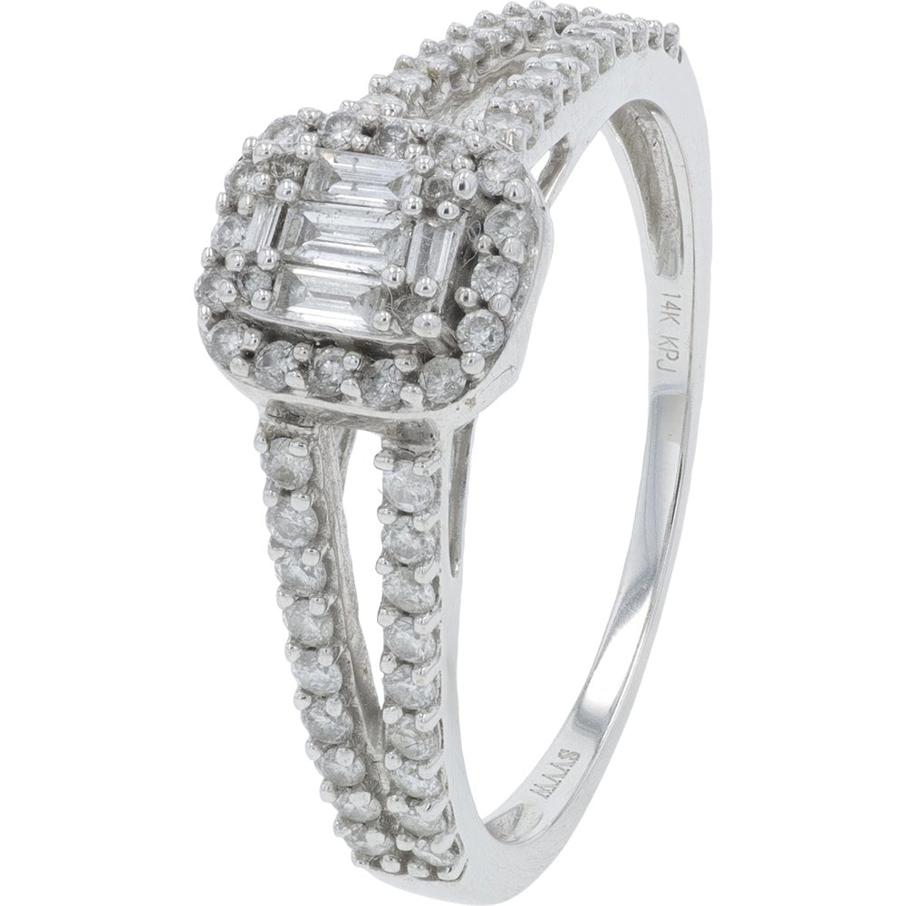 Vera Wang 14K White Gold Halo Engagement Ring with Baguette Diamond Center and Split Shank Pave Band - 0.50 Carat Total Diamond Weight