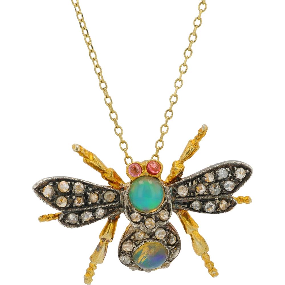 Vermeil over Sterling Silver Bee Pendant with Opal Body, Pink Sapphire Eyes, and Diamond Accents - 0.50 Carat Total Diamond Weight
