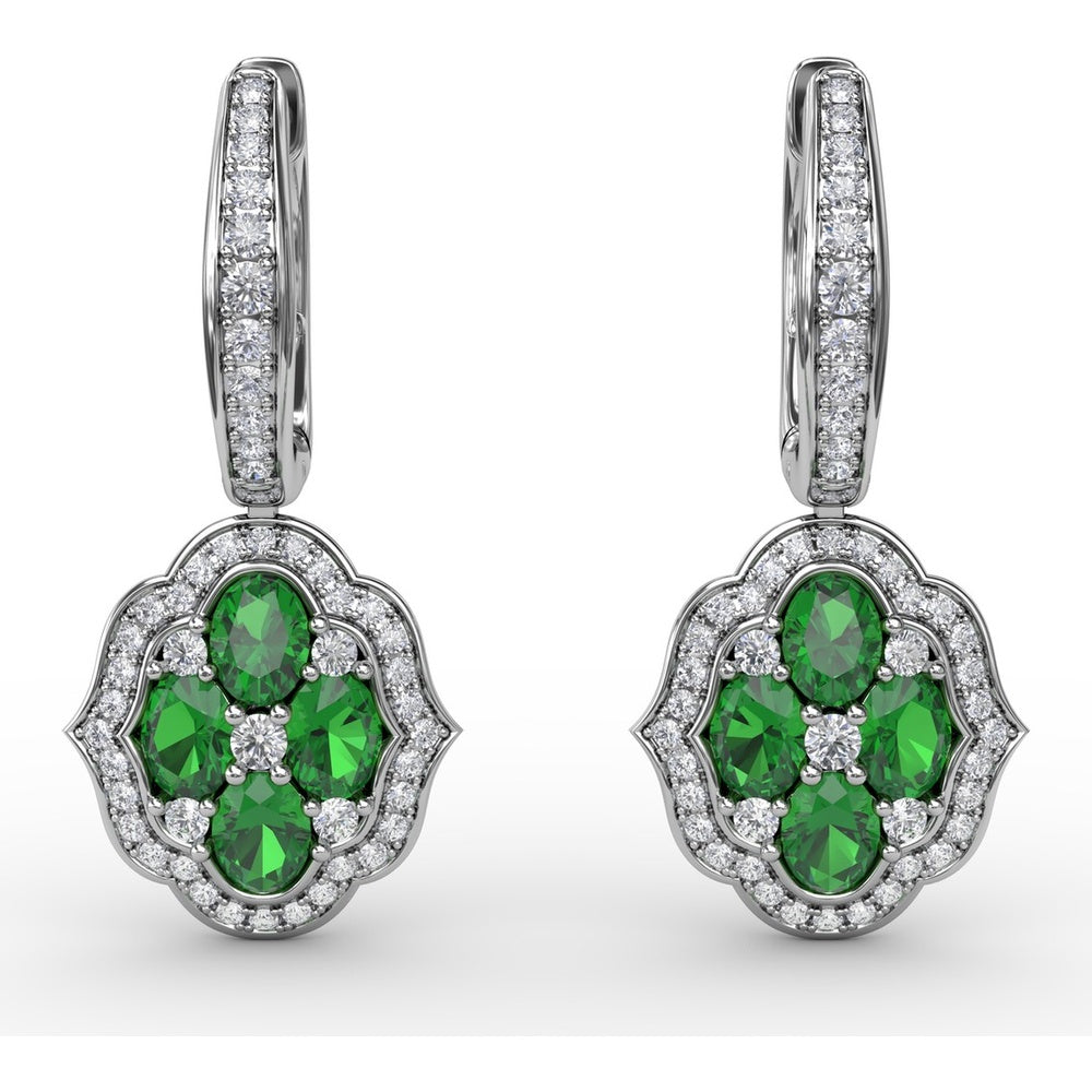Victorian Style Emerald and Diamond Quatrefoil Dangle Earrings by Fana - 2.01 Carat Total Gemstone Weight