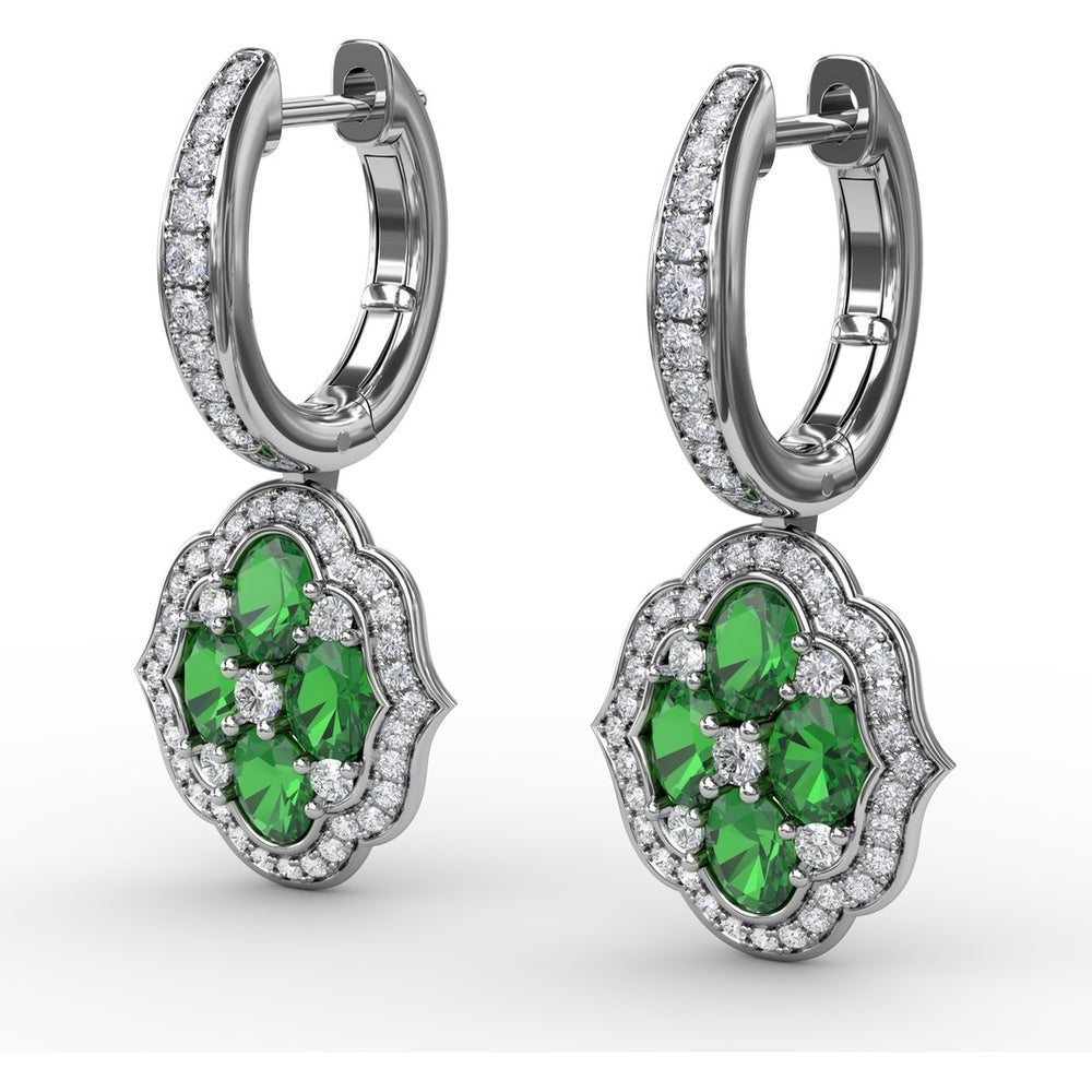 Victorian Style Emerald and Diamond Quatrefoil Dangle Earrings by Fana - 2.01 Carat Total Gemstone Weight