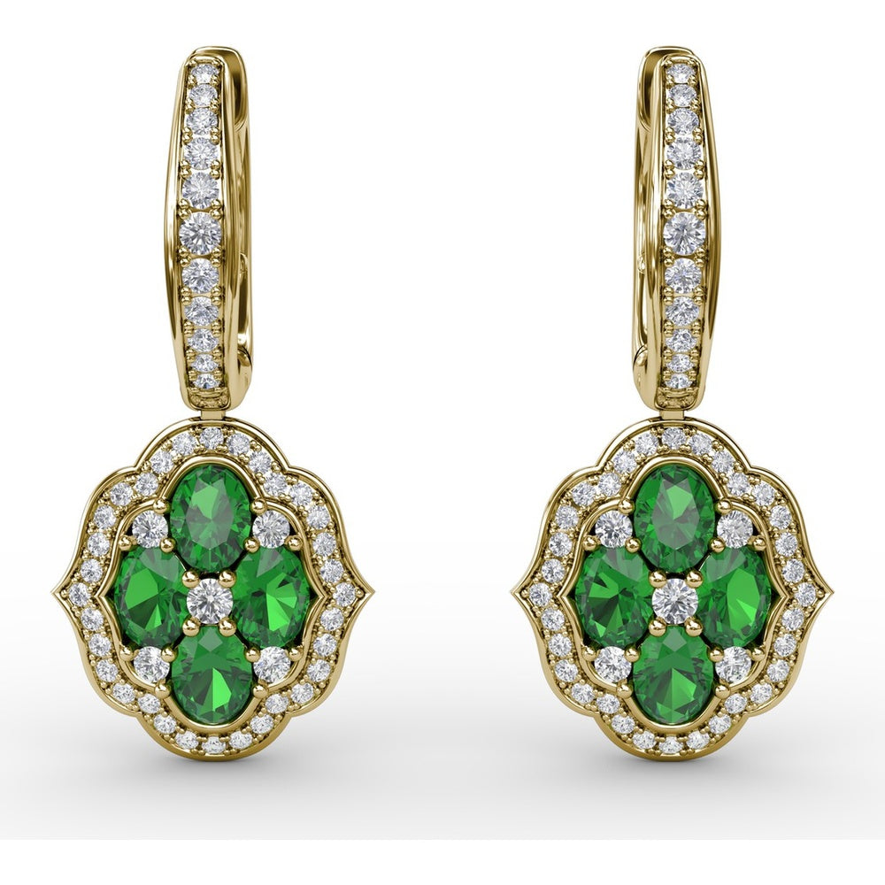 Victorian Style Emerald and Diamond Quatrefoil Dangle Earrings by Fana - 2.01 Carat Total Gemstone Weight