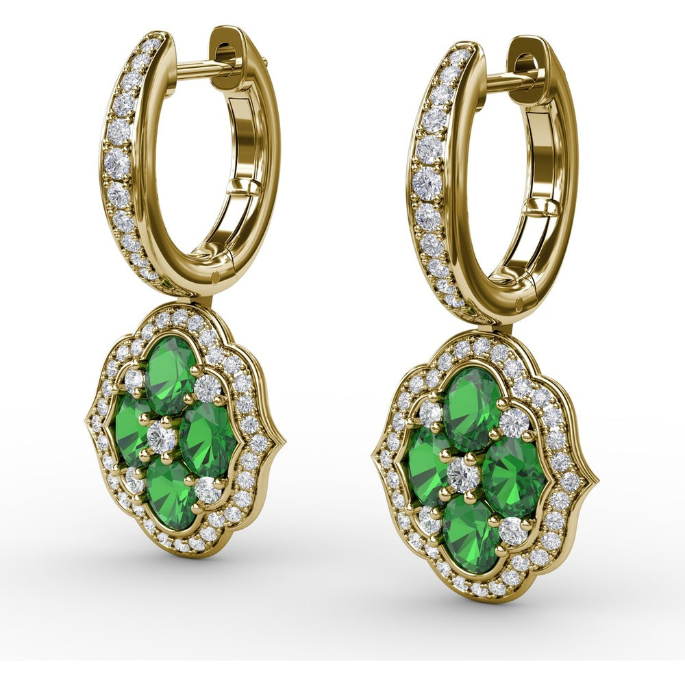 Victorian Style Emerald and Diamond Quatrefoil Dangle Earrings by Fana - 2.01 Carat Total Gemstone Weight