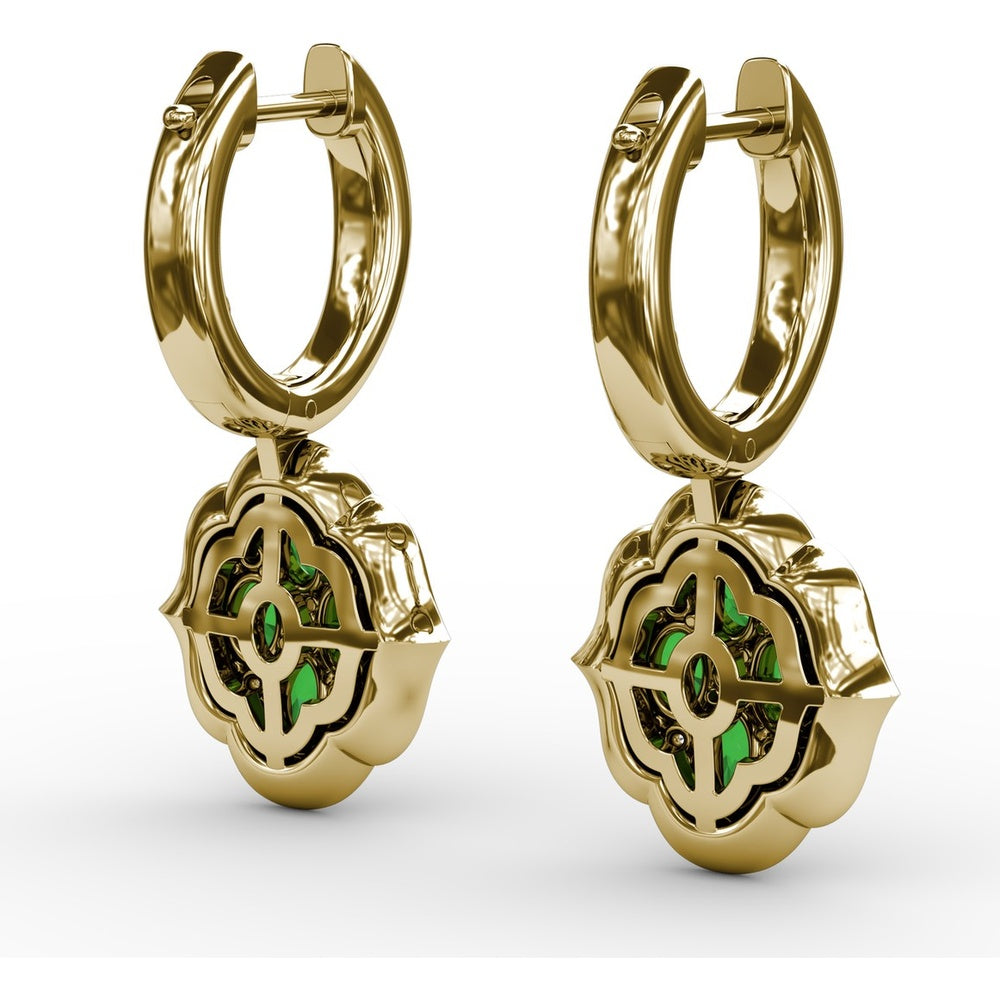 Victorian Style Emerald and Diamond Quatrefoil Dangle Earrings by Fana - 2.01 Carat Total Gemstone Weight