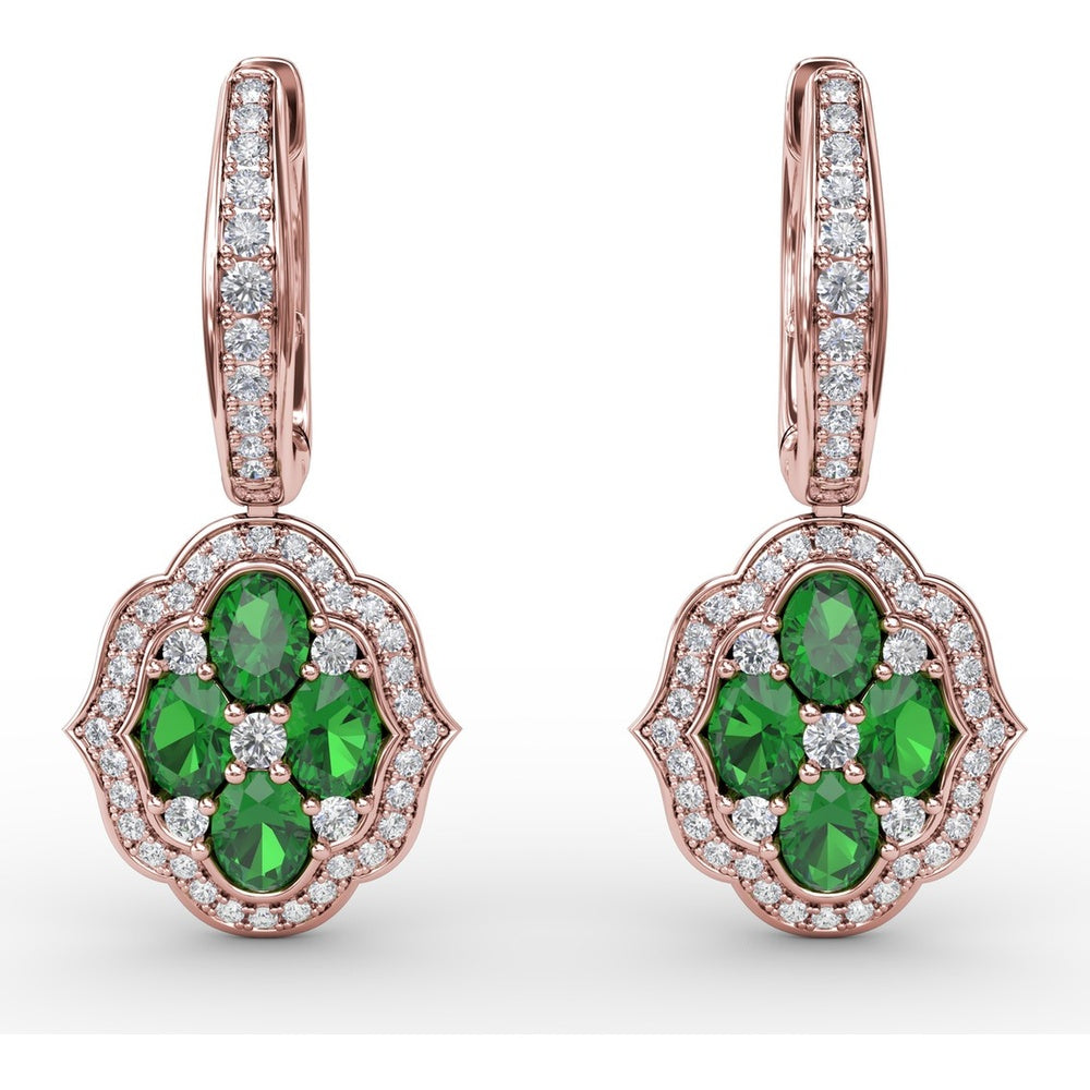 Victorian Style Emerald and Diamond Quatrefoil Dangle Earrings by Fana - 2.01 Carat Total Gemstone Weight