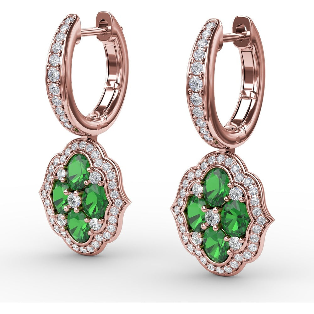 Victorian Style Emerald and Diamond Quatrefoil Dangle Earrings by Fana - 2.01 Carat Total Gemstone Weight