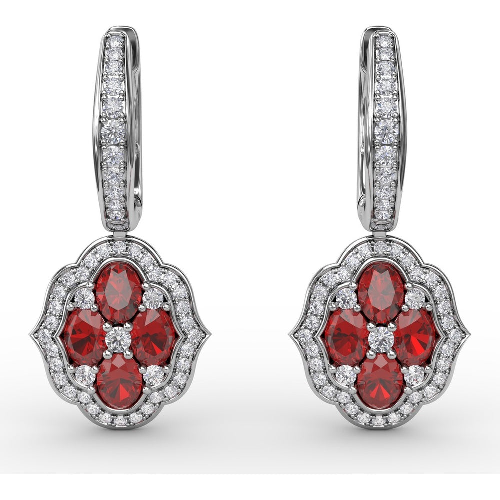 Victorian Style Quatrefoil Ruby and Diamond Dangle Earrings by Fana - 2.57 Carat Total Gemstone Weight