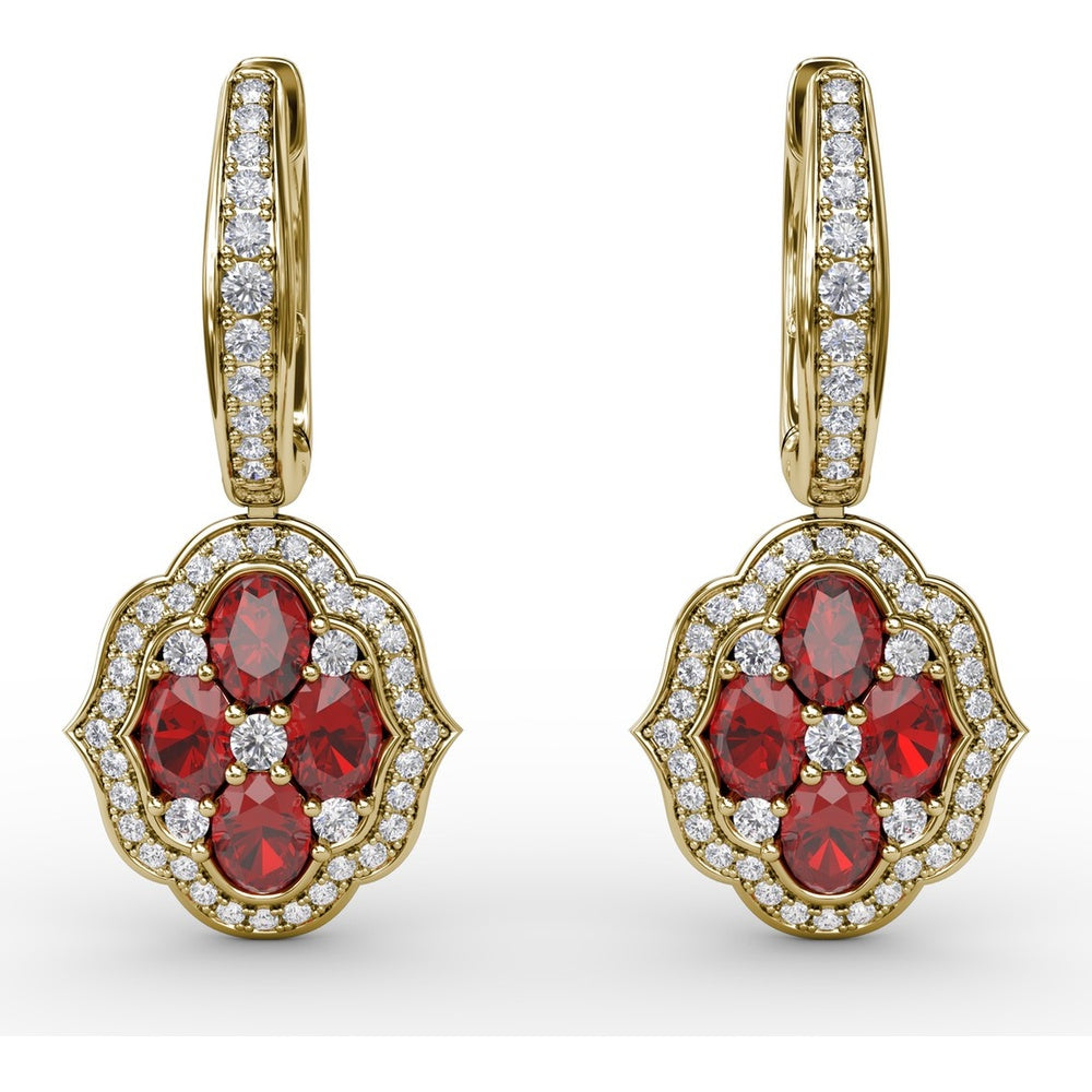 Victorian Style Quatrefoil Ruby and Diamond Dangle Earrings by Fana - 2.57 Carat Total Gemstone Weight