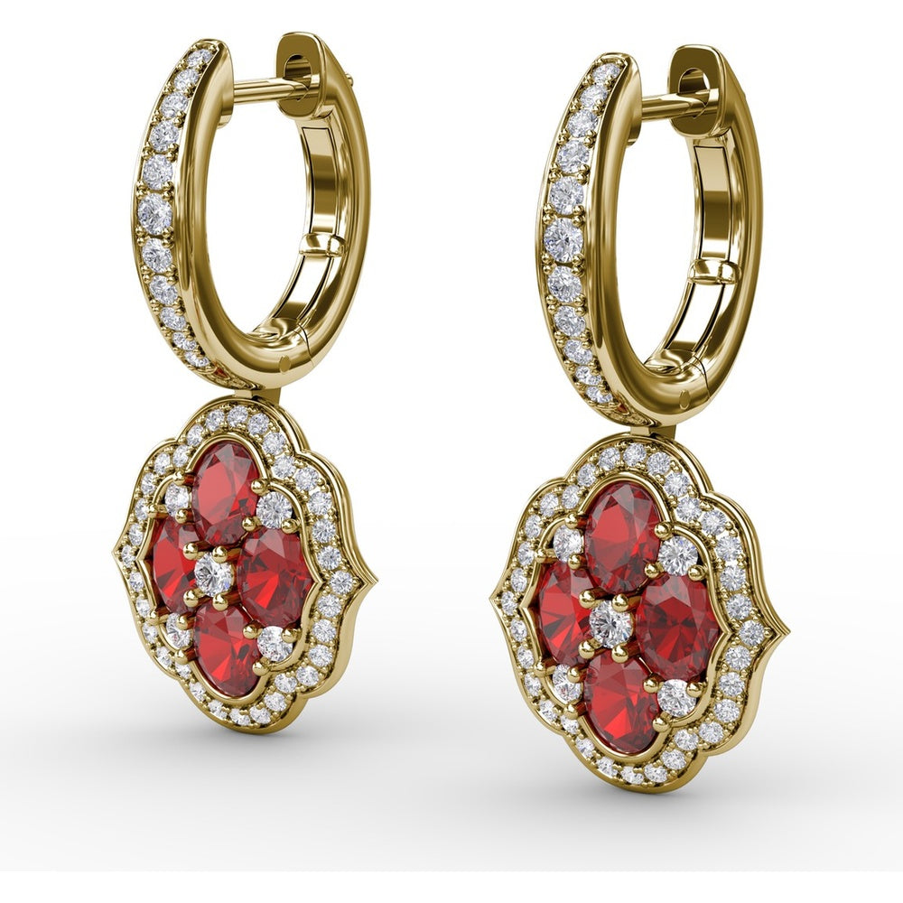 Victorian Style Quatrefoil Ruby and Diamond Dangle Earrings by Fana - 2.57 Carat Total Gemstone Weight