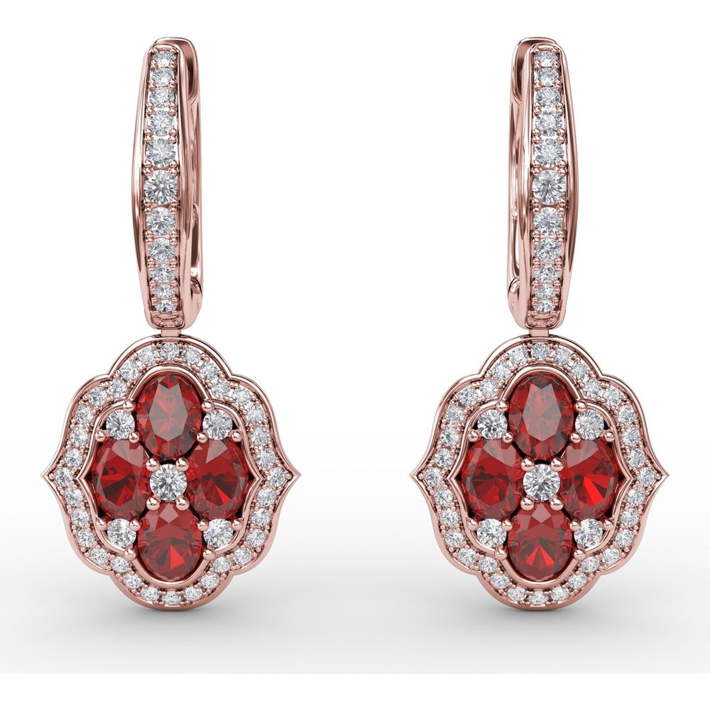 Victorian Style Quatrefoil Ruby and Diamond Dangle Earrings by Fana - 2.57 Carat Total Gemstone Weight