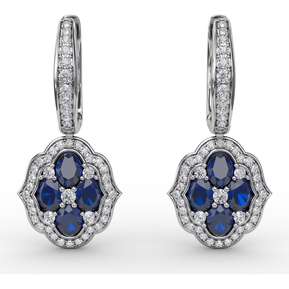Victorian Style Sapphire and Diamond Dangle Earrings with Quatrefoil Halo by Fana - 2.57 Carat Total Gemstone Weight