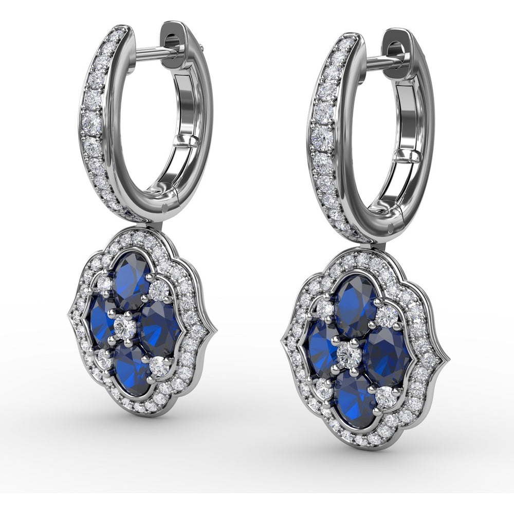 Victorian Style Sapphire and Diamond Dangle Earrings with Quatrefoil Halo by Fana - 2.57 Carat Total Gemstone Weight