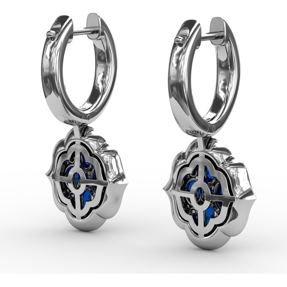 Victorian Style Sapphire and Diamond Dangle Earrings with Quatrefoil Halo by Fana - 2.57 Carat Total Gemstone Weight