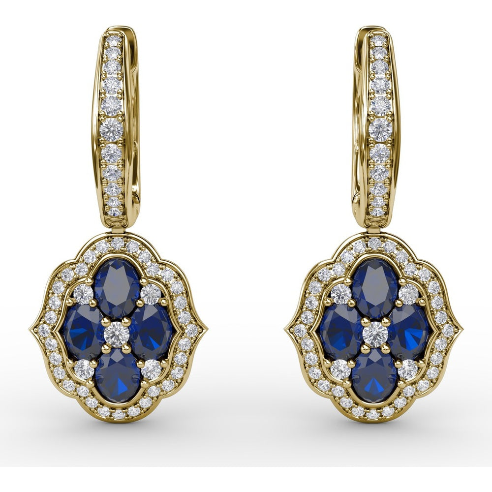 Victorian Style Sapphire and Diamond Dangle Earrings with Quatrefoil Halo by Fana - 2.57 Carat Total Gemstone Weight