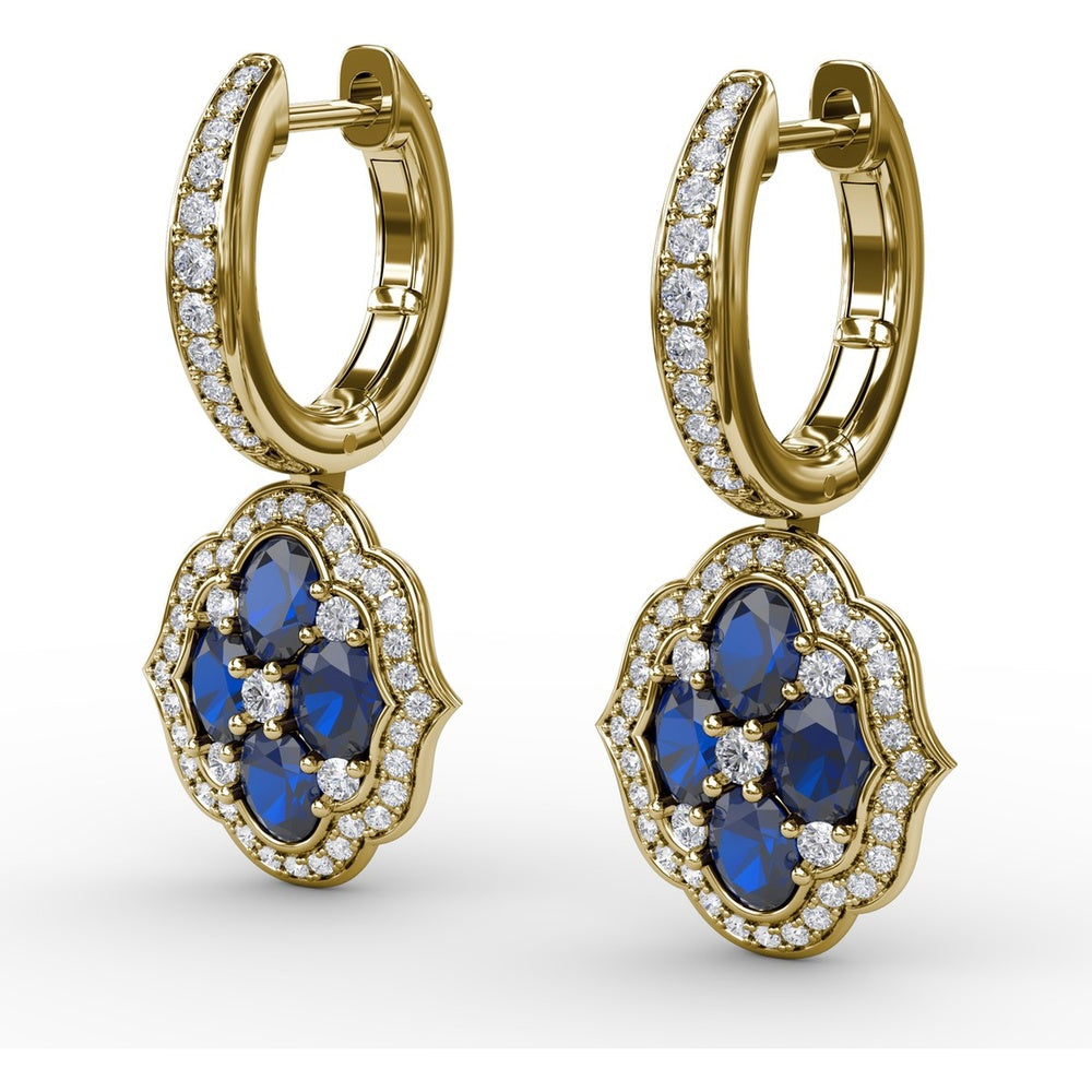 Victorian Style Sapphire and Diamond Dangle Earrings with Quatrefoil Halo by Fana - 2.57 Carat Total Gemstone Weight