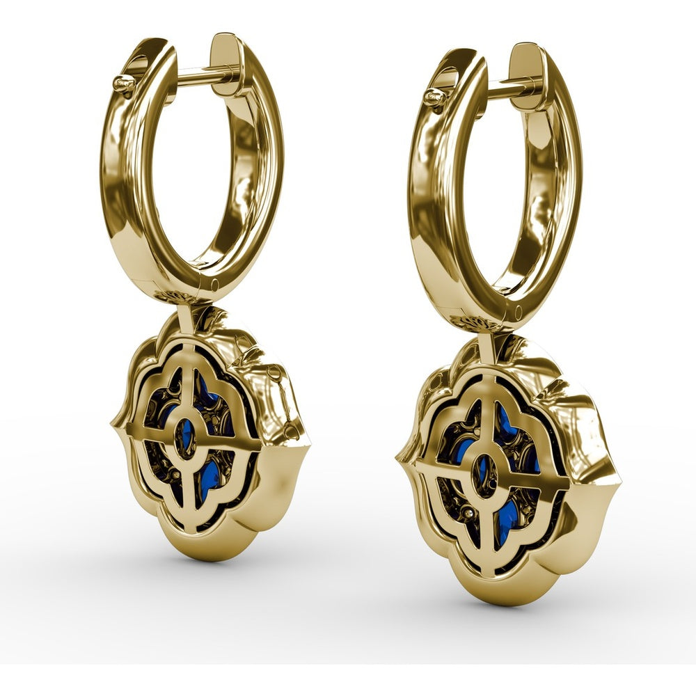 Victorian Style Sapphire and Diamond Dangle Earrings with Quatrefoil Halo by Fana - 2.57 Carat Total Gemstone Weight