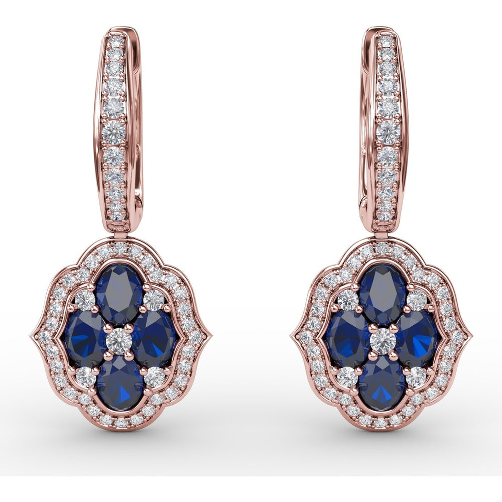Victorian Style Sapphire and Diamond Dangle Earrings with Quatrefoil Halo by Fana - 2.57 Carat Total Gemstone Weight