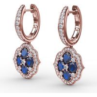 Victorian Style Sapphire and Diamond Dangle Earrings with Quatrefoil Halo by Fana - 2.57 Carat Total Gemstone Weight