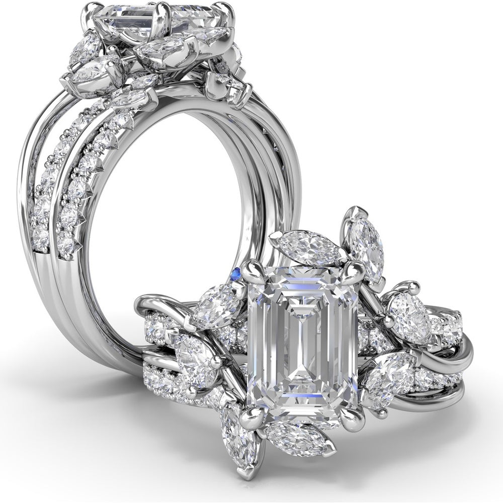 Vine-Inspired Engagement Ring Setting with Emerald Cut Center and Marquise & Pear Side Stones by Fana - 1.17 Carat Total Diamond Weight