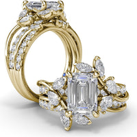 Vine-Inspired Engagement Ring Setting with Emerald Cut Center and Marquise & Pear Side Stones by Fana - 1.17 Carat Total Diamond Weight