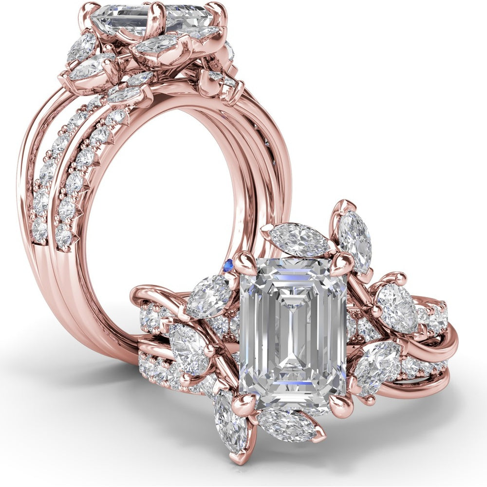Vine-Inspired Engagement Ring Setting with Emerald Cut Center and Marquise & Pear Side Stones by Fana - 1.17 Carat Total Diamond Weight