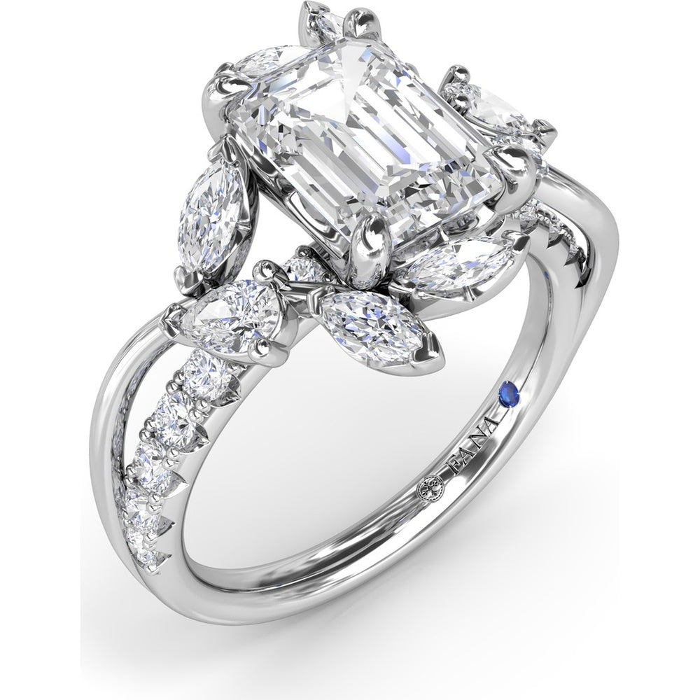 Vine-Inspired Engagement Ring Setting with Emerald Cut Center and Marquise & Pear Side Stones by Fana - 1.17 Carat Total Diamond Weight