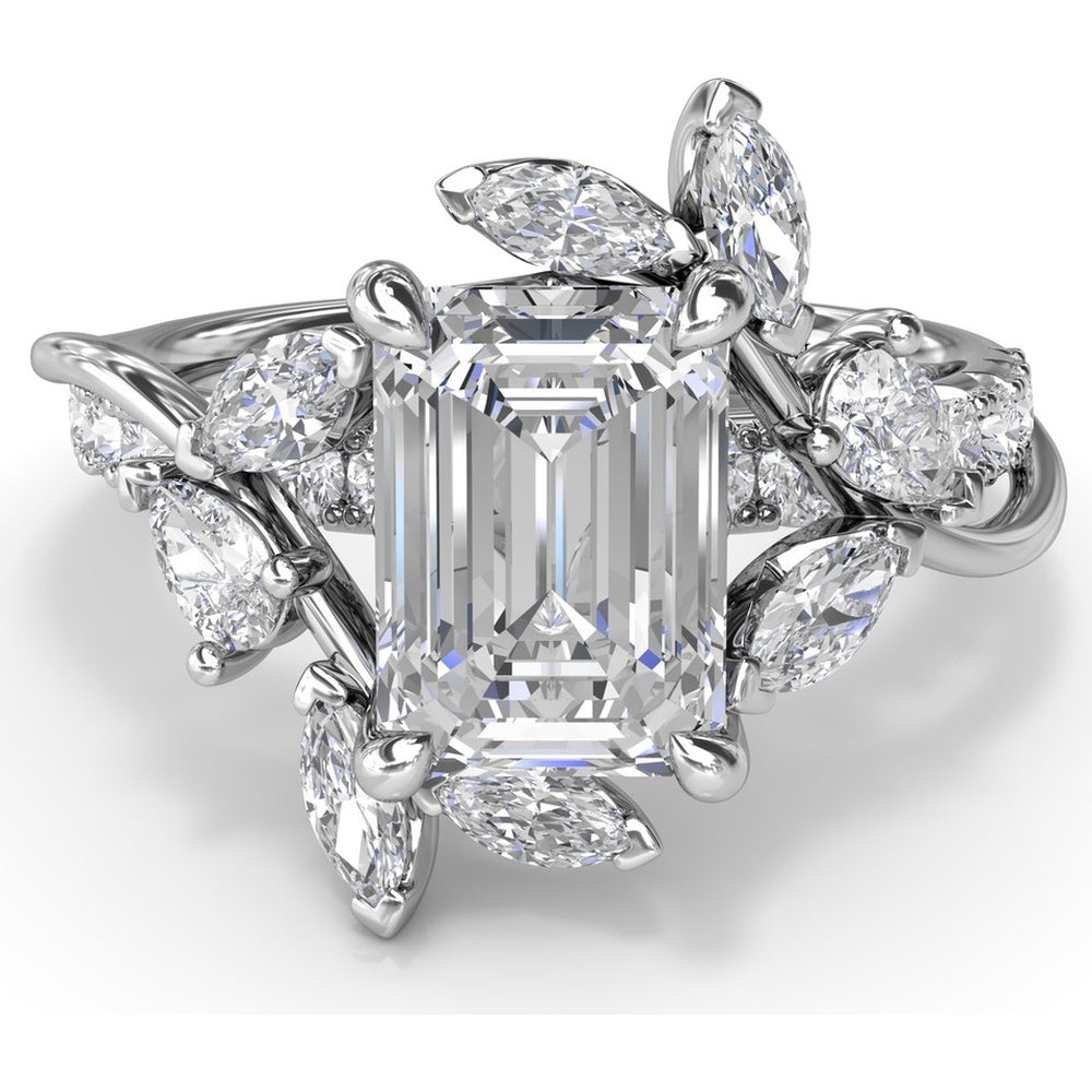 Vine-Inspired Engagement Ring Setting with Emerald Cut Center and Marquise & Pear Side Stones by Fana - 1.17 Carat Total Diamond Weight