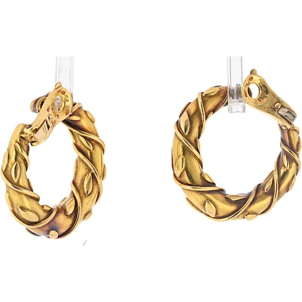 Vintage Cartier 18K Yellow Gold Twisted Vine Hoop Earrings - Clip-On, 33mm Width, 37.1g Weight