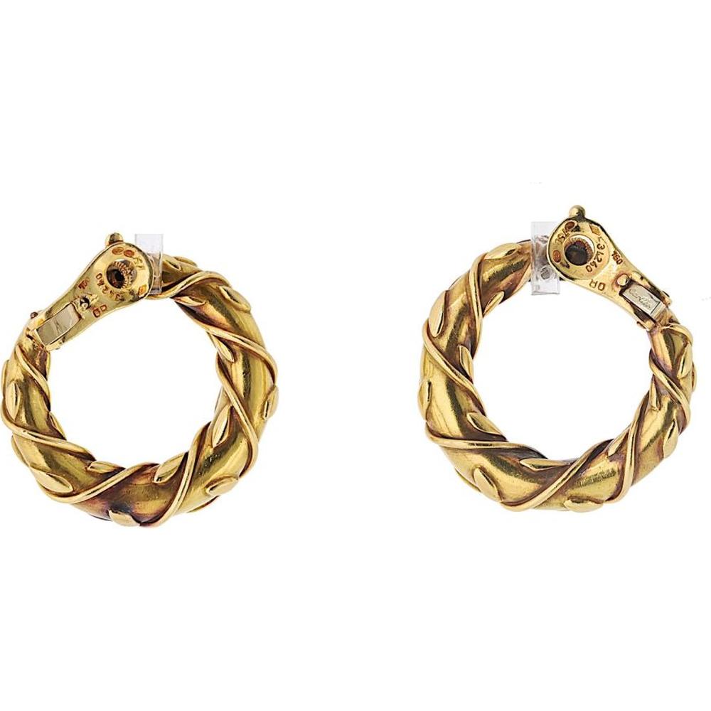 Vintage Cartier 18K Yellow Gold Twisted Vine Hoop Earrings - Clip-On, 33mm Width, 37.1g Weight