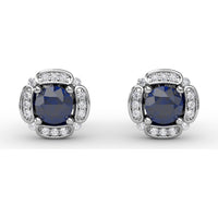 Vintage Channel Set Cushion Sapphire Stud Earrings with Pavé Diamond Halo by Fana - 1.54 Carat Total Gemstone Weight