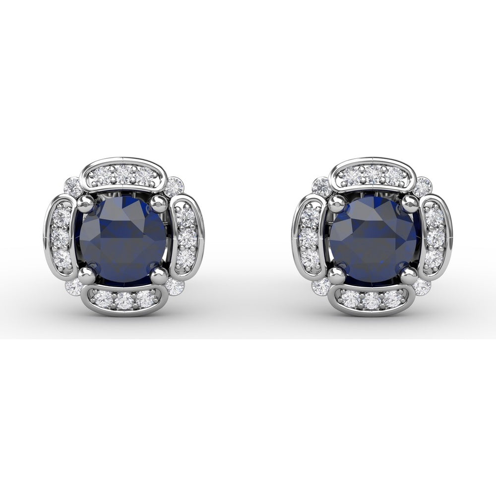 Vintage Channel Set Cushion Sapphire Stud Earrings with Pavé Diamond Halo by Fana - 1.54 Carat Total Gemstone Weight
