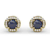 Vintage Channel Set Cushion Sapphire Stud Earrings with Pavé Diamond Halo by Fana - 1.54 Carat Total Gemstone Weight
